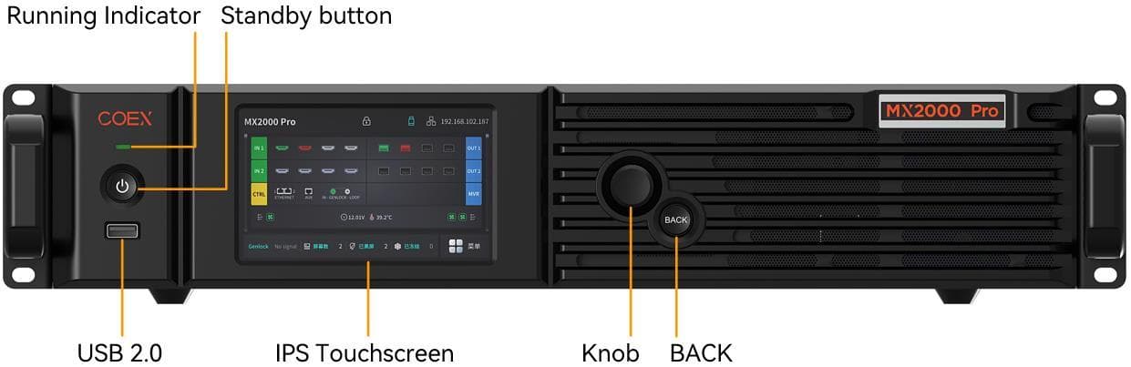 Panel frontal del NovaStar MX2000 Pro con pantalla táctil IPS, mando giratorio y botón de reposo, en formato de rack.
