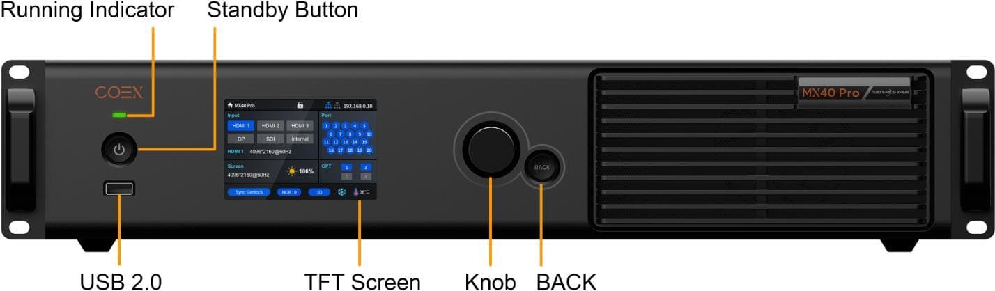 Panel frontal del NovaStar MX40 Pro con la pantalla TFT de estado, el mando giratorio, el botón de reposo y el puerto USB.