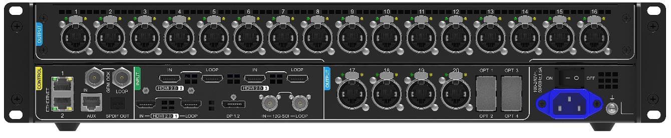 Panel trasero del MX40 Pro con los 20 puertos Ethernet numerados, cuatro puertos ópticos, entradas HDMI, DisplayPort y 12G-SDI.